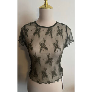 Women's MEROKEETY Army Green Lace Short Sleeve Tee L